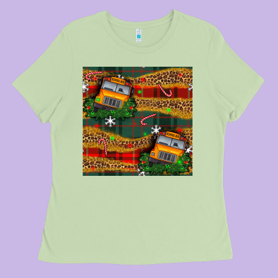 Christmas School Bus Seamless Pattern Ladies Tee Designed By Bundleandbundleshop