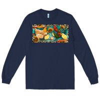 Navy Chicken rooster and chicks with leopard Long Sleeve Tee - RanaPortraitStore