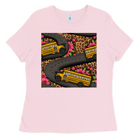 Bubblegum Pink flower leopard school bus seamless pattern Ladies Tee - BundleAndBundleShop