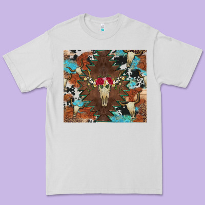 Western Floral Bullskull Cowhide And Leopard Premium Tee Designed By Artiststas
