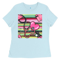 Baby Blue Nurse Stethoscope Seamless Pattern Ladies Tee - BundleAndBundleShop
