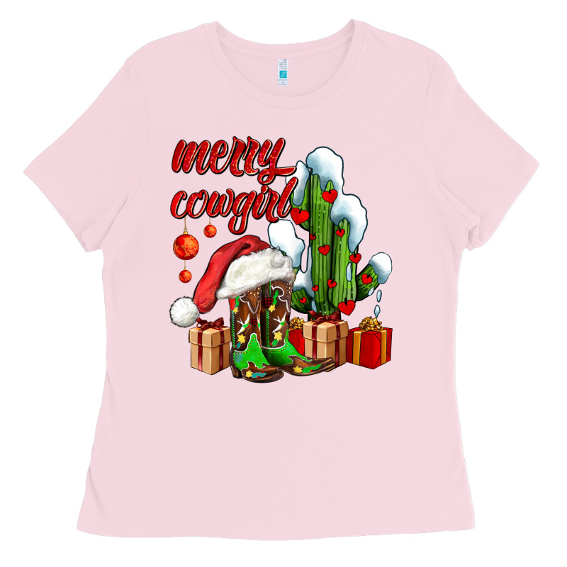 Merry Cowgirl  Boots And Cactus With Gifts Ladies Tee by AdoDesignShop | Teevron