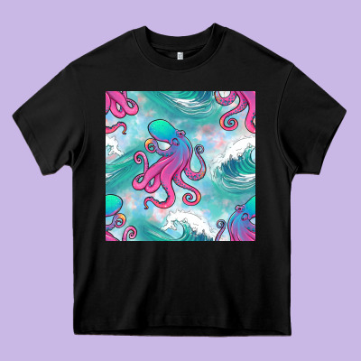 Ocean Waves Octopus Seamless Pattern Heavy Core Tee Designed By Bundleandbundleshop