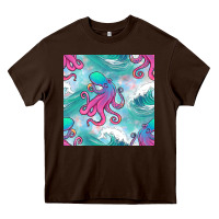 Chocolate Brown ocean waves octopus seamless pattern Heavy Core Tee - BundleAndBundleShop