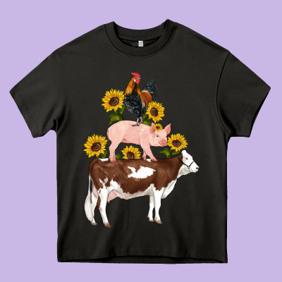 Western Farm Life Cow Pig Rooster With Sunflowers Heavy Core Tee Designed By Artiststas