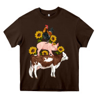 Chocolate Brown western farm life cow pig rooster with sunflowers Heavy Core Tee - Artiststas