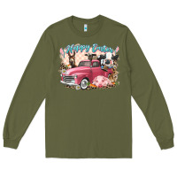 Army Green Happy Easter truck with Easter farm animals Long Sleeve Tee - LillyAllenDesigns