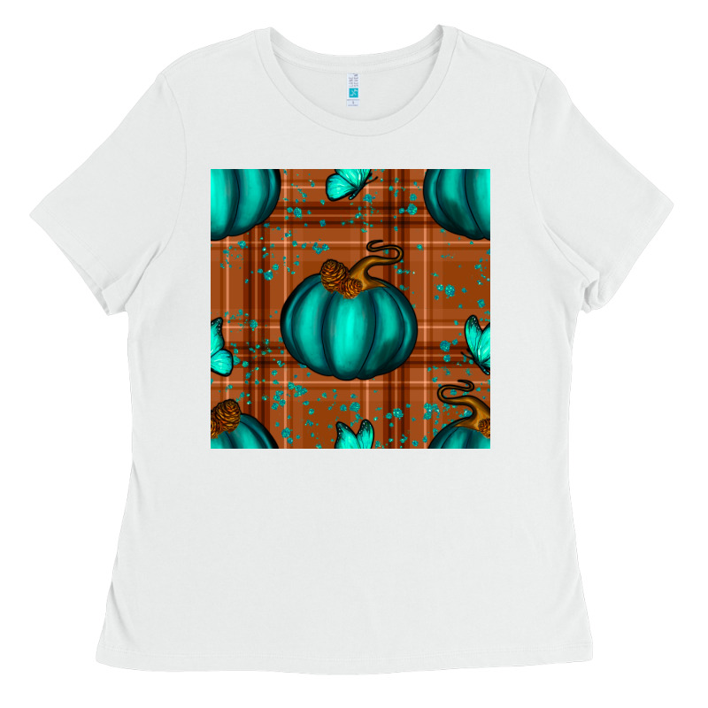 Turquoise Pumpkin Plaid Seamless Pattern Ladies Tee by BundleAndBundleShop | Teevron
