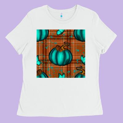 Turquoise Pumpkin Plaid Seamless Pattern Ladies Tee Designed By Bundleandbundleshop