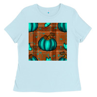 Baby Blue turquoise pumpkin plaid seamless pattern Ladies Tee - BundleAndBundleShop