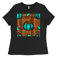 Black turquoise pumpkin plaid seamless pattern Ladies Tee - BundleAndBundleShop