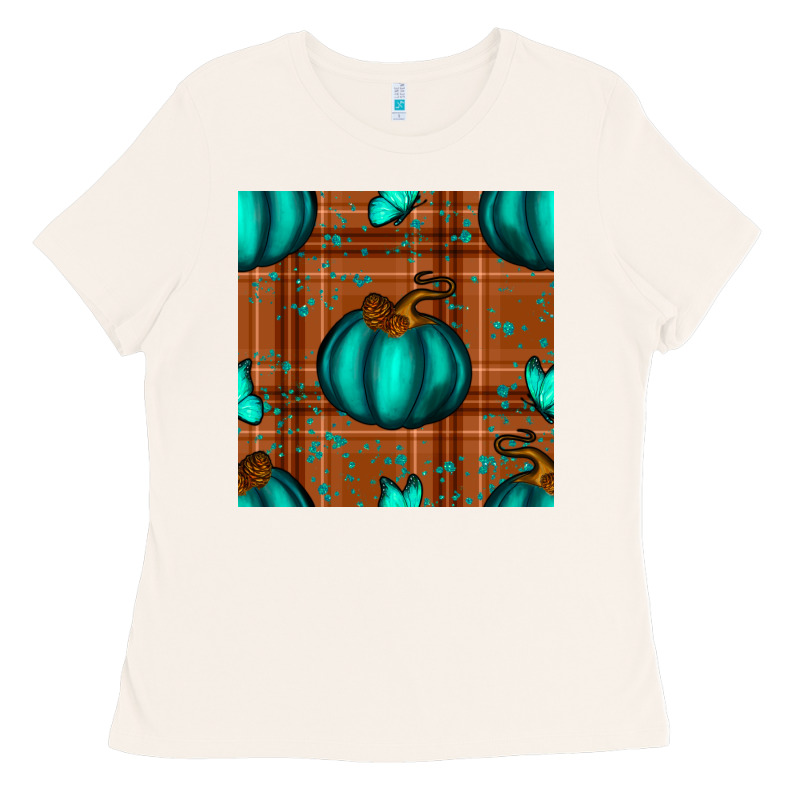 Turquoise Pumpkin Plaid Seamless Pattern Ladies Tee by BundleAndBundleShop | Teevron