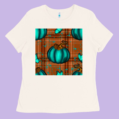 Turquoise Pumpkin Plaid Seamless Pattern Ladies Tee Designed By Bundleandbundleshop