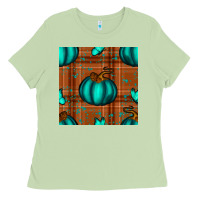 Matcha turquoise pumpkin plaid seamless pattern Ladies Tee - BundleAndBundleShop