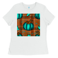 White turquoise pumpkin plaid seamless pattern Ladies Tee - BundleAndBundleShop