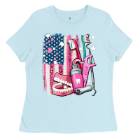 Baby Blue American flag and dental elements with teeth Ladies Tee - AdoDesignShop
