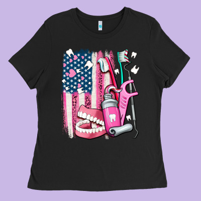 American Flag And Dental Elements With Teeth Ladies Tee Designed By Adodesignshop