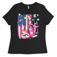 Black American flag and dental elements with teeth Ladies Tee - AdoDesignShop