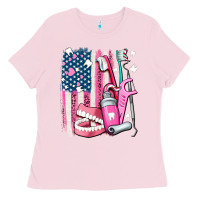 Bubblegum Pink American flag and dental elements with teeth Ladies Tee - AdoDesignShop
