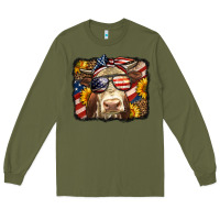 Army Green Western 4th Of July Cow Background Long Sleeve Tee - LillyAllenDesigns