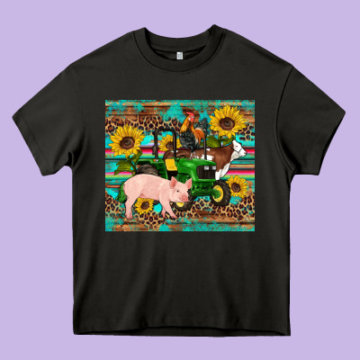Western Farm Tractor Pig Rooster Cow Sunflowers Heavy Core Tee Designed By Artiststas