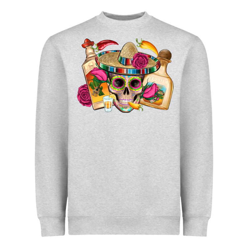 Mexican Skull Sombrero Tequila Bottle Paper Roses Heavyweight Sweatshirt by Artiststas | Teevron