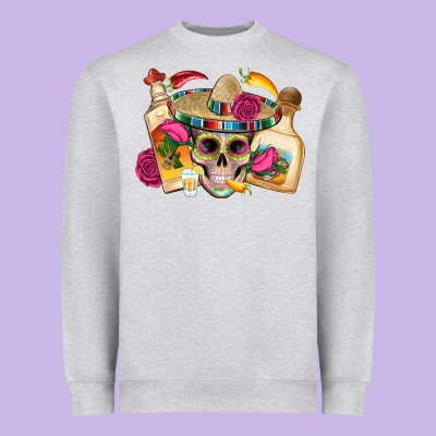 Mexican Skull Sombrero Tequila Bottle Paper Roses Heavyweight Sweatshirt Designed By Artiststas
