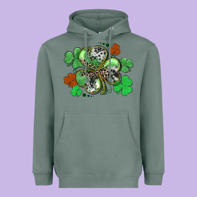 St. Patrick's Day Shamrock Leopard And Cowhide Heavyweight Hoodie Designed By Cowgirlartshop