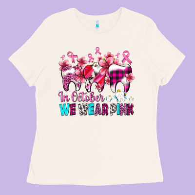 In October We Wear Pink Cancer Ribbon With Teeth Ladies Tee Designed By Adodesignshop