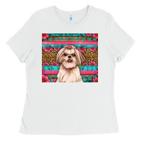 White shih tzu floral tumbler Ladies Tee - Artiststas