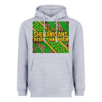 Heather Grey Let the shenanigans begin shamrock tumbler Heavyweight Hoodie - HowdyJamesFarm