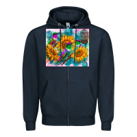 Navy hummingbirds sunflower Zipper Hoodie - TumblerDesignByShophia