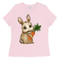 Bubblegum Pink Happy Easter With Bunny And Carrot Ladies Tee - RanaPortraitStore
