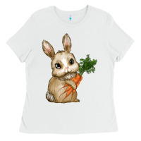 White Happy Easter With Bunny And Carrot Ladies Tee - RanaPortraitStore