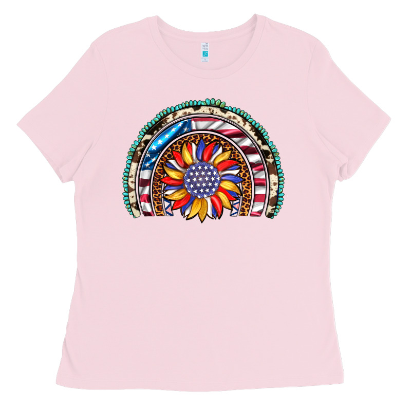 Sunflower American Flag Leopard Gemstone Cowhide Rainbow Ladies Tee by Artiststas | Teevron