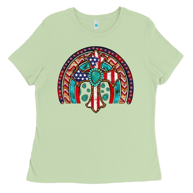 Gemstone Cross American Flag Turquoise Rainbow Ladies Tee by Artiststas | Teevron