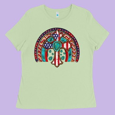 Gemstone Cross American Flag Turquoise Rainbow Ladies Tee Designed By Artiststas