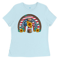 Baby Blue cross american flag cowhide  leopard gemstone rainbow Ladies Tee - Artiststas