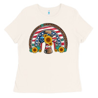 Bone cross american flag cowhide  leopard gemstone rainbow Ladies Tee - Artiststas