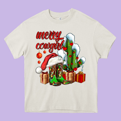 Merry Cowgirl  Boots And Cactus With Gifts Heavy Core Tee Designed By Adodesignshop