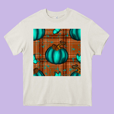 Turquoise Pumpkin Plaid Seamless Pattern Heavy Core Tee Designed By Bundleandbundleshop
