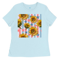 Baby Blue patriotic sunflowers stripes and stars seamless patrern Ladies Tee - BundleAndBundleShop