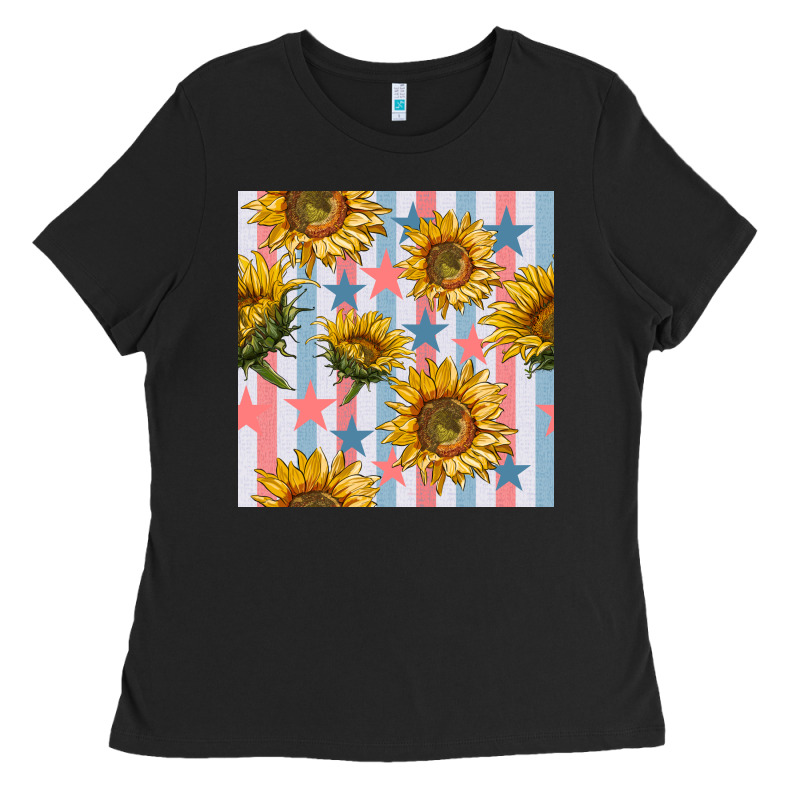 Patriotic Sunflowers Stripes And Stars Seamless Patrern Ladies Tee by BundleAndBundleShop | Teevron