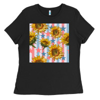 Black patriotic sunflowers stripes and stars seamless patrern Ladies Tee - BundleAndBundleShop