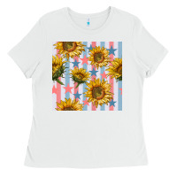 White patriotic sunflowers stripes and stars seamless patrern Ladies Tee - BundleAndBundleShop