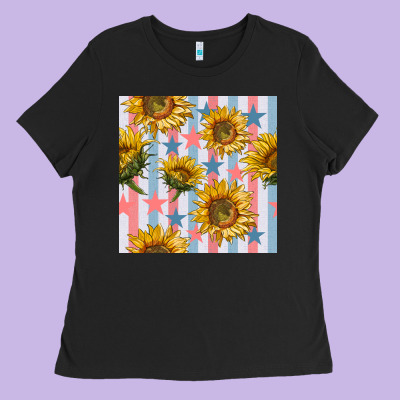 Patriotic Sunflowers Stripes And Stars Seamless Patrern Ladies Tee Designed By Bundleandbundleshop