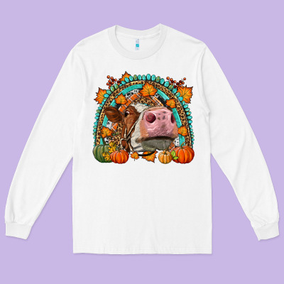 Fall Cow Rainbow Long Sleeve Tee Designed By Lillyallendesigns