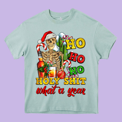 Christmas Ho Ho Ho Holy Shit What A Year Skeleton Heavy Core Tee Designed By Adodesignshop