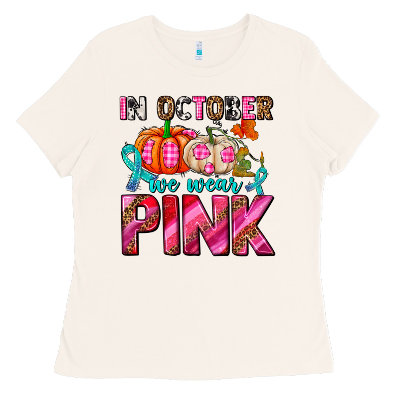 In October We Wear Pink With Pumpkins Ladies Tee by AdoDesignShop | Teevron