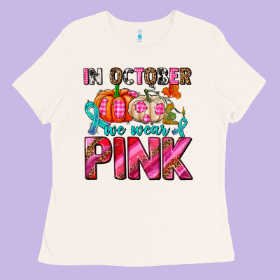 In October We Wear Pink With Pumpkins Ladies Tee Designed By Adodesignshop